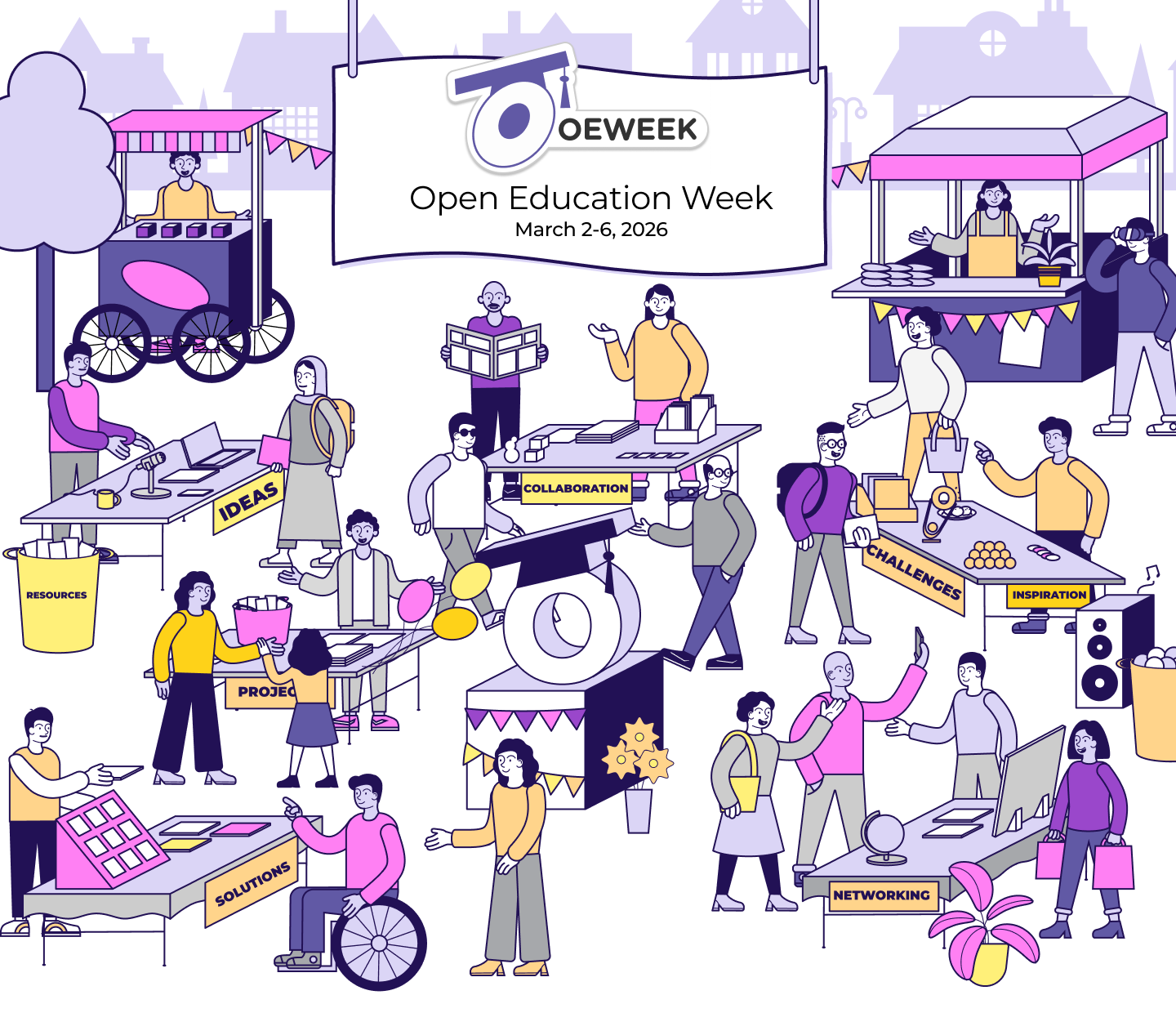 Open Education Week 2026 artwork showing a lively open town square for sharing ideas, resources, and practices
