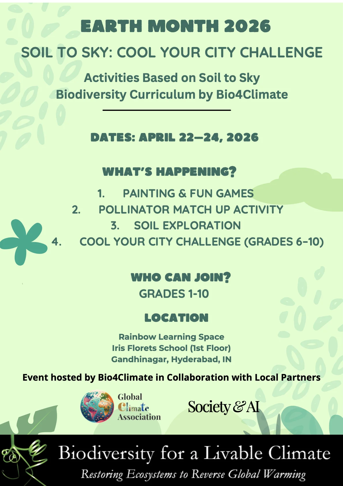 The Earth Month 2026 flyer for Soil to Sky: Cool Your City Challenge in Hyderabad, India.