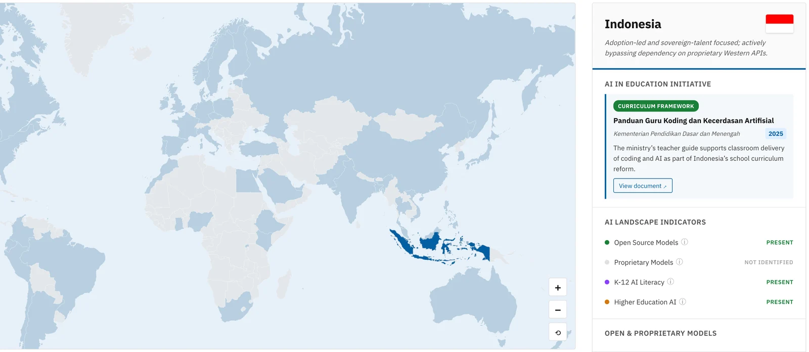 Global AI Observatory interactive map, showing Indonesia's AI-in-education policy and sovereign AI model detail panel